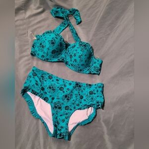 Teal Floral & Skull Bikini Set
